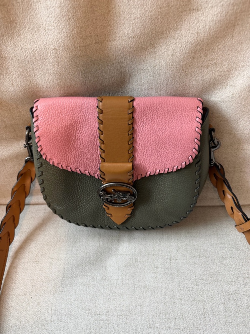 Coach Pink, Olive & Tan Leather Crossbody Saddle Bag - Picture 10 of 12